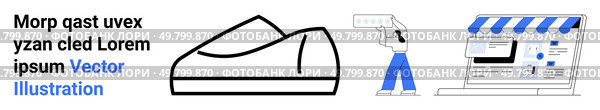 Shopping cart outline, barcode scanner, and online store with awning and screen. Ideal for e-commerce, online shopping, retail technology, digital sales, customer experience, payment systems. E-commerce Concept with Shopping Cart, Barcode Scanner, and Online Store Elements for Digital Retail. Стоковая иллюстрация, агентство Ingram Publishing / Фотобанк Лори