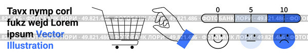 Shopping cart symbol, hand gesture, and customer satisfaction rating scale with faces ranging from happy to sad. Ideal for e-commerce, customer service, feedback, user experience, product reviews. Shopping Cart, Hand Gesture, and Customer Satisfaction Rating Scale with Faces for Feedback. Стоковая иллюстрация, агентство Ingram Publishing / Фотобанк Лори