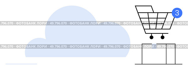 Shopping cart with notification icon and package with blue cloud background. Ideal for online shopping, digital marketplaces, e-commerce platforms, inventory management, delivery services, cloud. E-commerce shopping cart floating above a package with cloud background and notification indicator. Стоковая иллюстрация, агентство Ingram Publishing / Фотобанк Лори