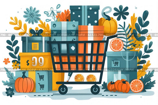 Shopping cart with presents and pumpkins on white background for Halloween and holiday shopping. Стоковое AI-изображение, AI-художник Юрий Поздников / Фотобанк Лори