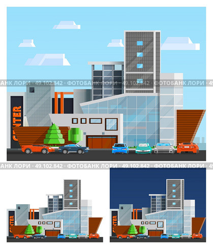 Shopping Mall Building Compositions Set. Shopping mall building orthogonal compositions set with parking and cars flat isolated vector illustration . Стоковая иллюстрация, агентство Ingram Publishing / Фотобанк Лори