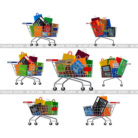 Shopping trolleys set, which includes seven carts with different amount and kinds of purchases. Shopping-themed isolated vector illustrations of carts with different stuff. Biggest dream of shopaholic.. Carts Set. Seven Full Cartoon Shopping Trolleys. Стоковая иллюстрация, агентство Ingram Publishing / Фотобанк Лори