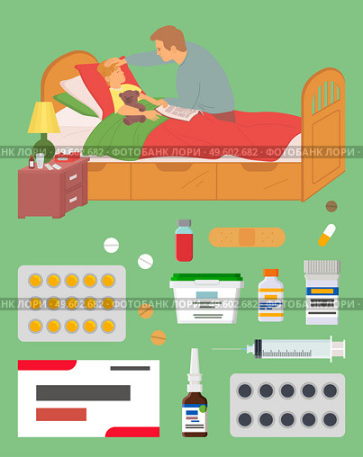 Sick kid in bed vector, father curing son with help of medicine and prescription from doctor, pills and capsules, drops and plastic, bottles with medical. Child in Bed, Sickness and Weakness of Baby Vector. Стоковая иллюстрация, агентство Ingram Publishing / Фотобанк Лори
