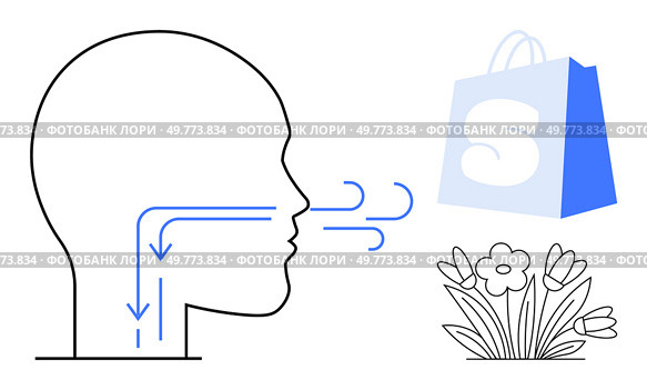 Side profile of a head illustrating airflow through the nose and mouth alongside a shopping bag and flowers. Ideal for respiratory health lifestyle shopping balance wellness and relaxation. Side Profile of Breathing with Shopping Bag and Flowers Representing Balanced Lifestyle. Стоковая иллюстрация, агентство Ingram Publishing / Фотобанк Лори
