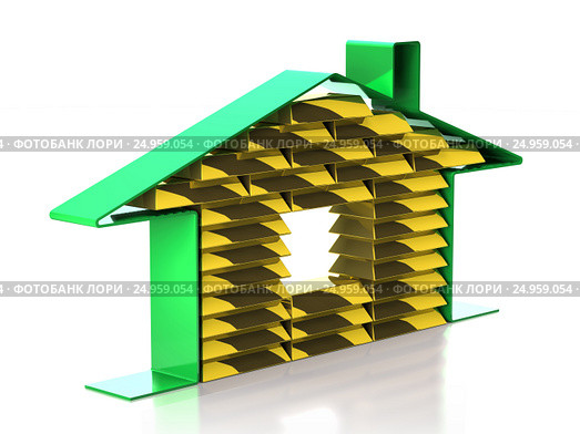 Sign Home and gold bars (3d illustration) Стоковая иллюстрация, иллюстратор Федин Константин / Фотобанк Лори