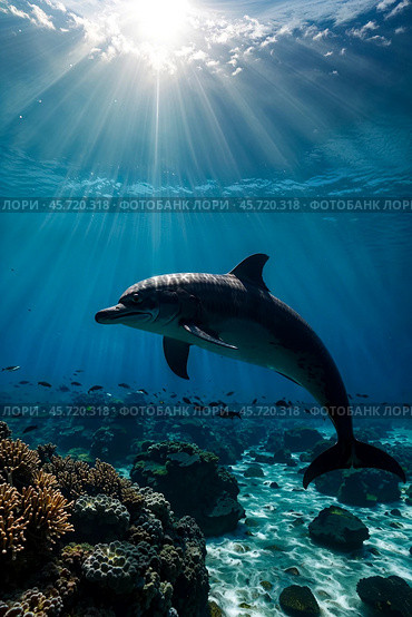 Silhouette Dolphin in underwater wild animal world. Dolphin (Delphinidae) mammal swimming in tropical underwaters. Observation of wildlife ocean. Scuba diving adventure in sea coast. Copy space. Стоковое AI-изображение, AI-художник Aleksandr Golubev / Фотобанк Лори