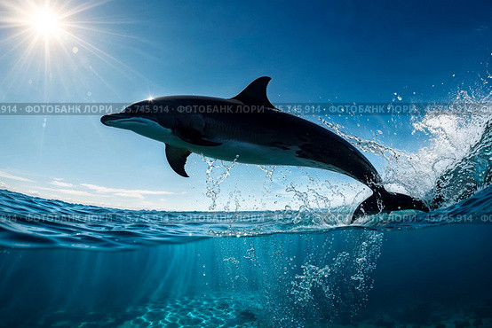 Silhouette Dolphin in underwater wild animal world. Dolphin (Delphinidae) mammal swimming in tropical underwaters. Observation of wildlife ocean. Scuba diving adventure in sea coast. Copy space. Стоковое AI-изображение, AI-художник Aleksandr Golubev / Фотобанк Лори