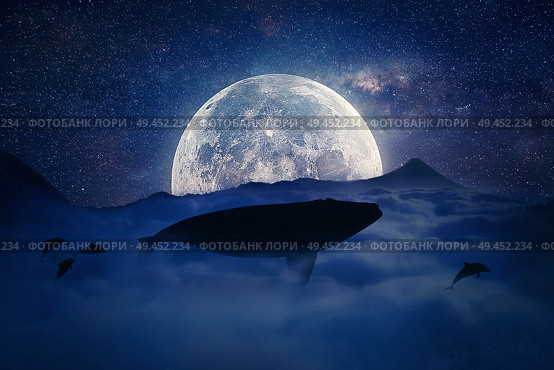 Silhouette of a whale flying above the clouds into the full moon night. Starry sky over the clouds in the mountains. Fantasy, surreal landscape scene screen saver. Стоковое фото, агентство Ingram Publishing / Фотобанк Лори