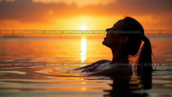 silhouette of woman relaxing in water at sunset, in the style of emotional sensitivity, serene faces, backlight, joyful and optimistic. Стоковое AI-изображение, AI-художник Sergey Grishin / Фотобанк Лори