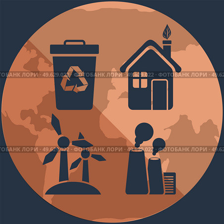 Silhouettes of objects destroying and saving ecology of Earth on background of planet. Waste recycling, use of alternative energy sources without harm to environment. Outlines of plants polluting air. Silhouettes of objects destroying and saving ecology of Earth on background of world globe. Стоковая иллюстрация, агентство Ingram Publishing / Фотобанк Лори
