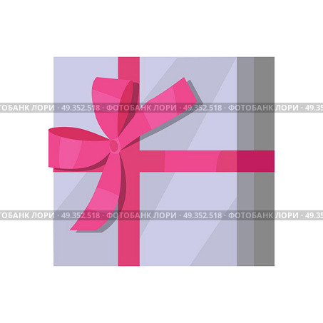 Silver Gift Box with Pink Ribbon. Single gray gift box with pink ribbon in flat design. Beautiful present box with overwhelming bow. Gift box icon. Gift symbol. Christmas gift box. Isolated vector illustration. Стоковая иллюстрация, агентство Ingram Publishing / Фотобанк Лори