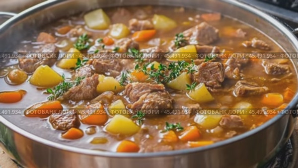 Simmering hot beef stew bubbling in a pot. Стоковое AI-видео, аниматор Юрий Поздников / Фотобанк Лори