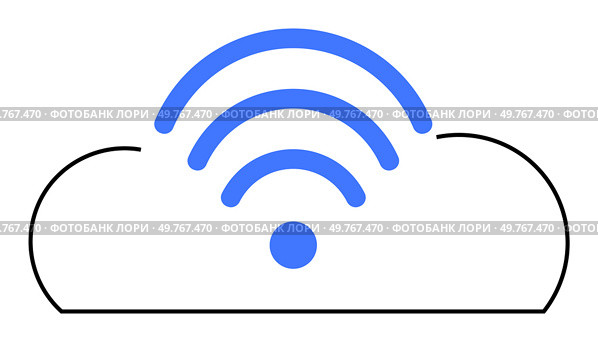 Simple cloud outline with blue Wi-Fi signal symbolizing wireless connectivity. Ideal for cloud computing, wireless technology, internet, data storage, modern tech. Minimalist and clean style.. Cloud Storage with Wireless Connectivity Symbol in Simplistic Vector Design. Стоковая иллюстрация, агентство Ingram Publishing / Фотобанк Лори