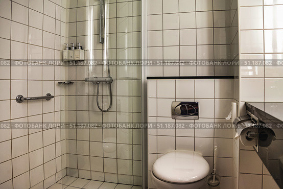 Simple Elegance in a Tiled Bathroom Design With Shower and Toilet. Стоковое фото, фотограф Aleksandr Golubev / Фотобанк Лори
