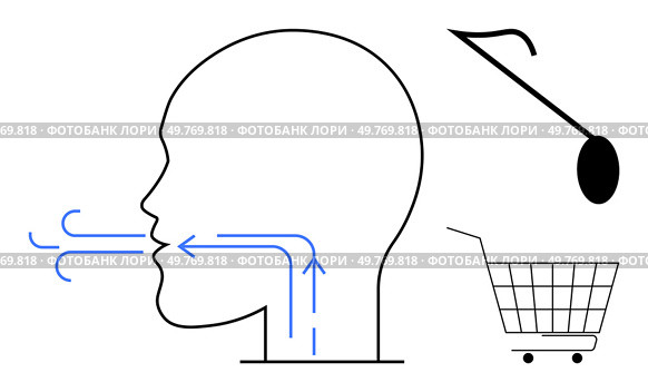 Simple outline of a profile head with blue arrows showing airflow. Includes a magnifying glass and shopping cart. Ideal for respiratory health online shopping education medical and search themes. Profile of Human Head with Airflow Arrows Shopping Cart and Magnifying Glass. Стоковая иллюстрация, агентство Ingram Publishing / Фотобанк Лори