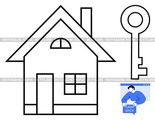 Simple outlined house and large key with a small illustration of a person holding a cash back notice. Ideal for real estate, home ownership, finance, property investment, and mortgage services. Simple Outline of House with Key and Cashback Offer Vector for Real Estate and Home Ownership Themes. Стоковая иллюстрация, агентство Ingram Publishing / Фотобанк Лори
