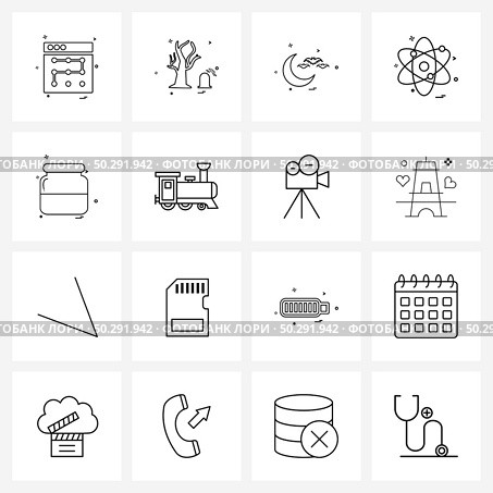 Simple Set of 16 Line Icons such as travel, train, nuclear, food items, kitchen Vector Illustration. Стоковая иллюстрация, агентство Ingram Publishing / Фотобанк Лори