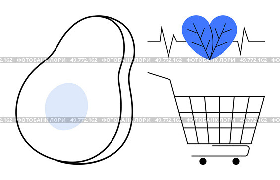 Simplified art of an avocado with blue pit, heartbeat line with blue heart symbol, and shopping cart. Ideal for health, nutrition, grocery shopping, wellness, and healthy lifestyle themes. Modern. Simplified Art Featuring Healthy Food, Heartbeat Line, and Shopping Cart. Стоковая иллюстрация, агентство Ingram Publishing / Фотобанк Лори