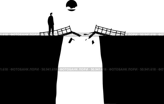 Символ эмоционального отчаяния и потери связи. Человек стоит перед разрушенным мостом над пропастью, и невозможность добраться до другой стороны символизирует чувство обреченности и потери. Стоковое AI-изображение, AI-художник Ирина Першина / Фотобанк Лори
