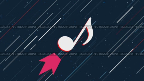 Символ музыкальной ноты летит по Вселенной на реактивном двигателе. Символ в центре дрожит из-за высокой скорости. Плавная закольцованная анимация в формате 4k на темно-синем фоне со звездами. Стоковое видео, видеограф Карпенко Алексей / Фотобанк Лори
