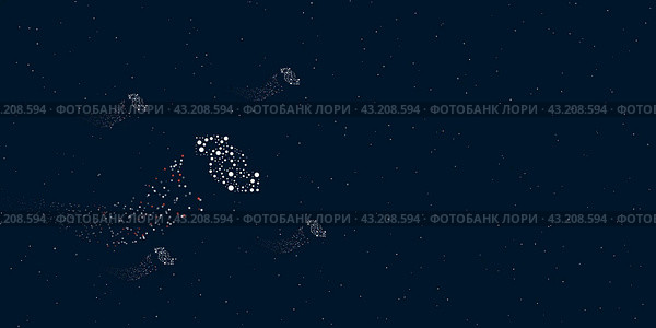 Символ видеоконференции, заполненный точками, летит сквозь звезды, оставляя за собой след. Вокруг расположены четыре маленьких символа. Иллюстрация на темно-синем фоне со звездами. Стоковая иллюстрация, иллюстратор Карпенко Алексей / Фотобанк Лори