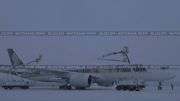 Singapore Airlines plane being de-iced before the flight (2017 год). Редакционное фото, фотограф Данил Руденко / Фотобанк Лори