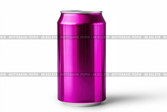 Single bright pink aluminum can isolate on white background. Front view. Recycle metal can mock-up, template. Beer, soda, carbonated water, cola, energy drink isolated with shadow. Recycling. Closeup. Стоковое AI-изображение, AI-художник Марина Демидюк / Фотобанк Лори