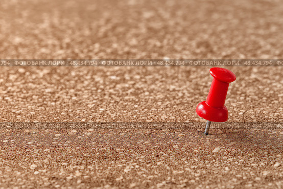 Single Red Pushpin on Empty Cork Board as a Symbol of Waiting or Anticipation. Одиночная красная булавка на пустой пробковой доске как символ ожидания или предвкушения. Стоковое AI-изображение, AI-художник Katsiaryna Repich / Фотобанк Лори