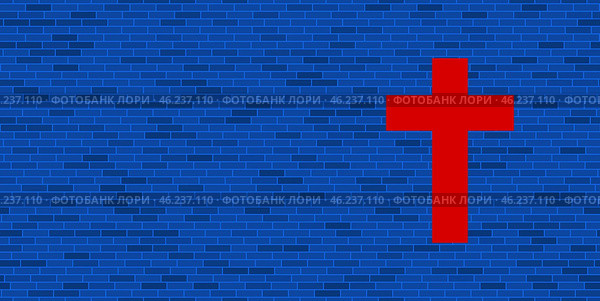 Синяя кирпичная стена с большим символом красного креста. Символ расположен справа, слева есть пустое место для вашего контента. Иллюстрация на синем фоне. Стоковая иллюстрация, иллюстратор Карпенко Алексей / Фотобанк Лори