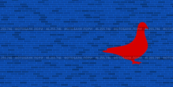 Синяя кирпичная стена с большой красной птицей-символом голубя. Символ расположен справа, слева есть пустое место для вашего контента. Иллюстрация на синем фоне. Стоковая иллюстрация, иллюстратор Карпенко Алексей / Фотобанк Лори