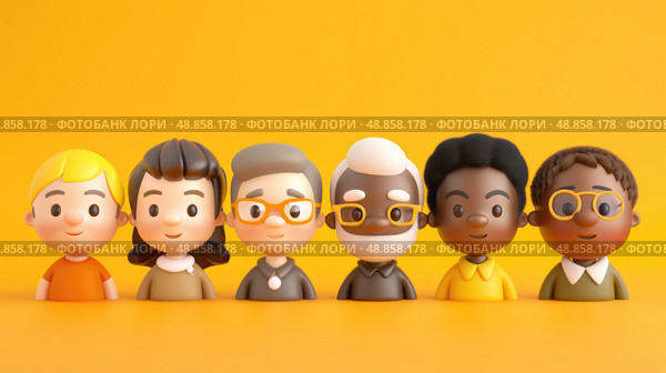 Six cartoon figures of different ethnicities and ages, all smiling, stand in a row against a yellow background. Стоковое AI-изображение, AI-художник Данила Большаков / Фотобанк Лори