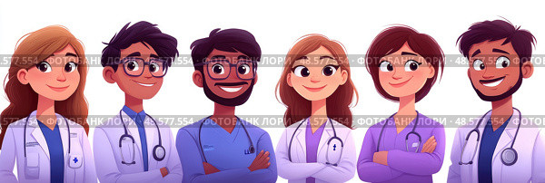 Six healthcare workers of various backgrounds stand confidently, smiling in a well-lit setting, showcasing camaraderie and teamwork in medicine. Стоковое AI-изображение, AI-художник Данила Большаков / Фотобанк Лори