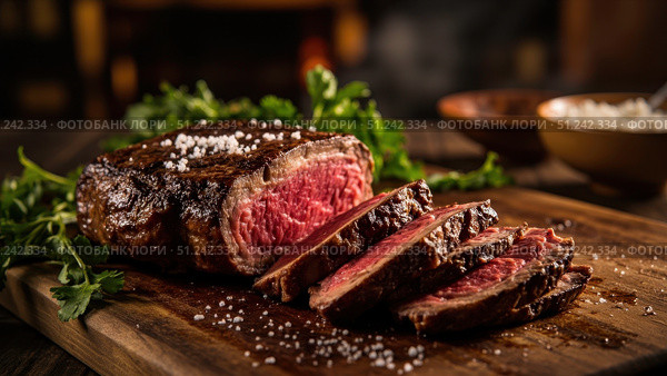 Sizzling medium-rare steak resting on rustic wooden cutting board. Стоковое фото, фотограф David Kashakhi / Фотобанк Лори