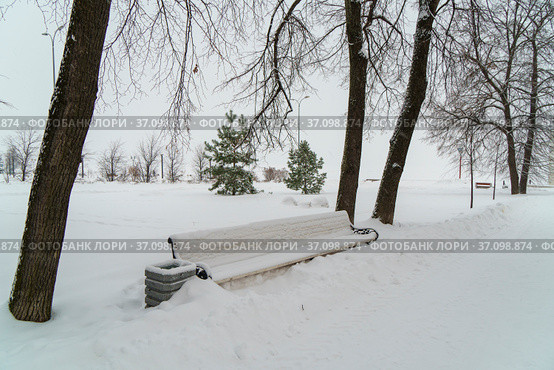 Скамейка зимой в заснеженном безлюдном городском парке на Левашовском бульваре у набережной во время снегопада в Петрозаводске (2021 год). Стоковое фото, фотограф Sergei Gorin / Фотобанк Лори