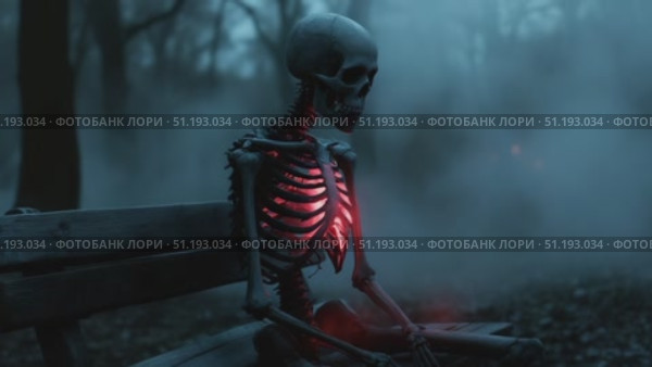 Skeleton seated on a bench in a foggy forest with glowing ribcage, showcasing eerie atmosphere. Стоковое AI-видео, аниматор Данил Руденко / Фотобанк Лори