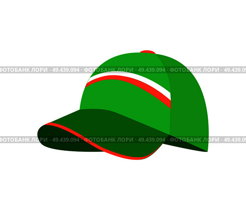 Sketch of green cap, colorful vector illustration with pretty hat, white and red stripes, headdress with dark visor, isolated on white background. Sketch of Green Cap, Colorful Vector Illustration. Стоковая иллюстрация, агентство Ingram Publishing / Фотобанк Лори