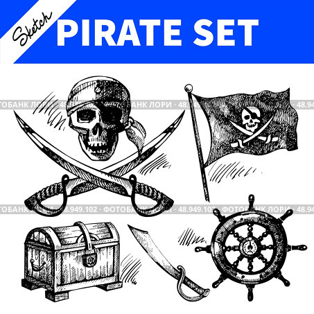 Sketch pirates set. Hand drawn illustrations . Стоковая иллюстрация, агентство Ingram Publishing / Фотобанк Лори