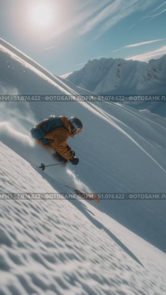 Skier glides through fresh powder under bright sun in stunning mountain landscape. Стоковое AI-видео, аниматор Сергей Толмачёв / Фотобанк Лори