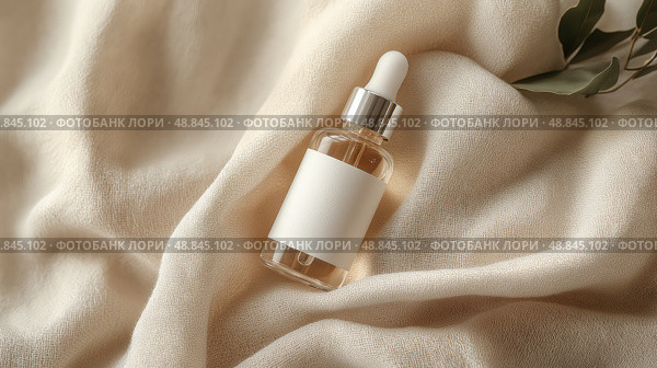 Skin care serum bottle on soft fabric background with natural elements. Флакон с сывороткой для ухода за кожей на фоне мягкой ткани с природными элементами. Стоковое AI-изображение, AI-художник Katsiaryna Repich / Фотобанк Лори