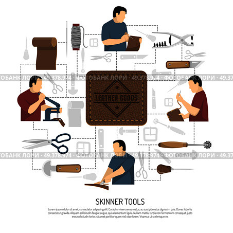 Skinner tools design concept with skinner figurines engaged in manufacture of clothing items and accessories flat vector illustration . Skinner Tools Design Concept . Стоковая иллюстрация, агентство Ingram Publishing / Фотобанк Лори