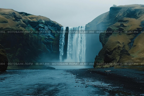 Skogafoss waterfall plunging into the icy river in iceland. Стоковое AI-изображение, AI-художник Иван Рябоконь / Фотобанк Лори