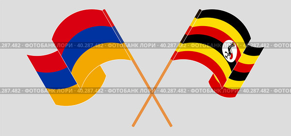 Скрещенные и развевающиеся флаги Армении и Уганды. Официальные цвета, правильные пропорции. Стоковая иллюстрация, иллюстратор Олег Безруков / Фотобанк Лори