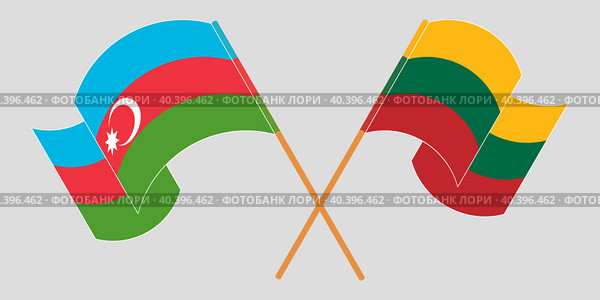 Скрещенные и развевающиеся флаги Азербайджана и Литвы. Официальные цвета, правильные пропорции. Стоковая иллюстрация, иллюстратор Олег Безруков / Фотобанк Лори