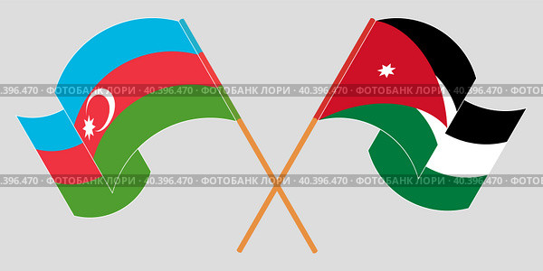 Скрещенные и развевающиеся флаги Азербайджана и Иордании. Официальные цвета, правильные пропорции. Стоковая иллюстрация, иллюстратор Олег Безруков / Фотобанк Лори