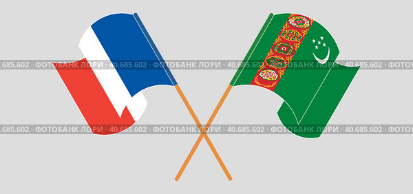 Скрещенные и развевающиеся флаги Франции и Туркменистана. Стоковая иллюстрация, иллюстратор Олег Безруков / Фотобанк Лори