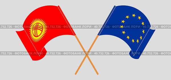 Скрещенные и развевающиеся флаги Киргизии и Европейского Союза. Официальные цвета, правильные пропорции. Стоковая иллюстрация, иллюстратор Олег Безруков / Фотобанк Лори