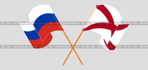 Скрещенные и развевающиеся флаги России и Штата Алабама. Стоковая иллюстрация, иллюстратор Олег Безруков / Фотобанк Лори