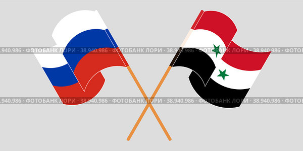 Скрещенные и развевающиеся флаги России и Сирии. Стоковая иллюстрация, иллюстратор Олег Безруков / Фотобанк Лори