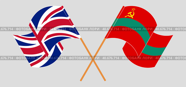 Скрещенные и развевающиеся флаги Великобритании и Приднестровья. Стоковая иллюстрация, иллюстратор Олег Безруков / Фотобанк Лори