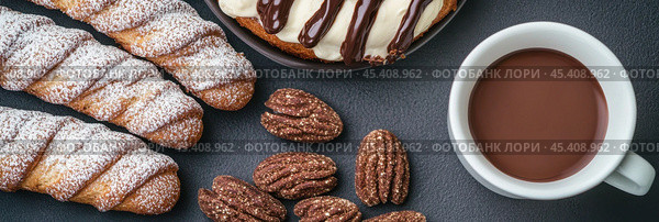 Сладкое наслаждение: шоколадные эклеры и горячее какао в качестве вдохновения для десерта. Стоковое AI-изображение, AI-художник ФотоИнтеллект / Фотобанк Лори